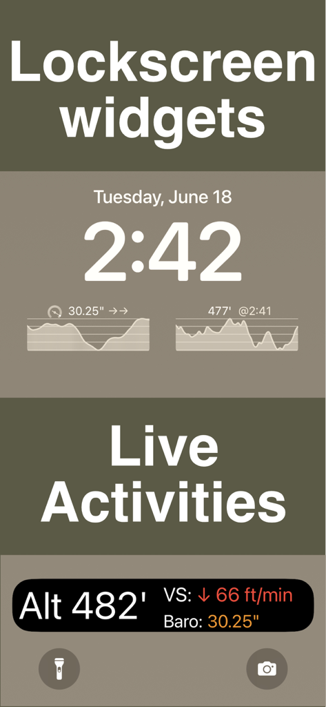 Altimeter & Barometer Pro - iPhone lock screen showing Altimeter and Barometer Pro widgets and Live Activities with real-time altitude and pressure data.