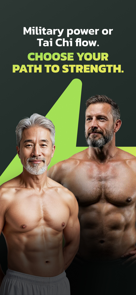 Muscle Charge - Two muscular men over 40 illustrating the choice between military power and Tai Chi flow fitness paths.
