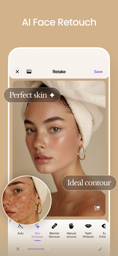Interface of an AI face editor app showing skin retouching and blemish removal on a female portrait