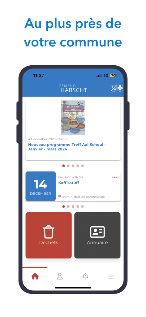 Interfaz principal de la aplicación móvil Habscht que muestra noticias locales, eventos y botones de acceso rápido para la gestión de residuos y el directorio comunal