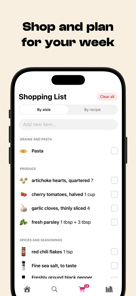 L'interfaccia della lista della spesa dell'app Provecho che mostra gli articoli alimentari divisi per corsia con caselle di controllo.