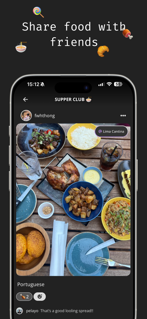 Supper Club app social feed displaying a photo of a Portuguese dinner spread