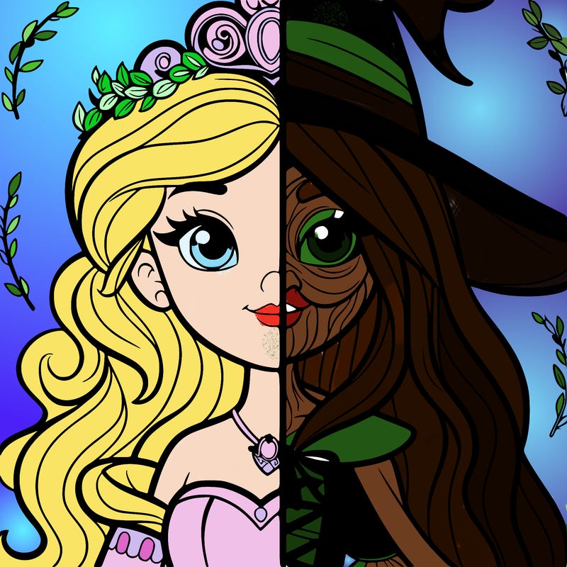 detailed realistic split of a princess and a witch