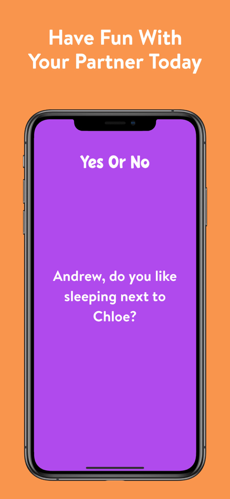 Couples Games for Date Night - Screenshot of the Yes Or No game mode in the Couples Games for Date Night app showing a personalized relationship question.