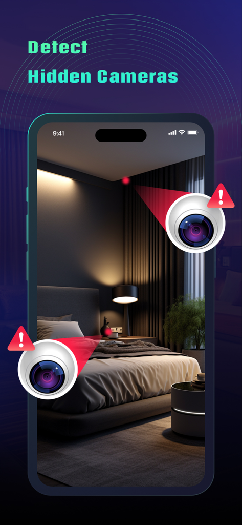 Spy Hidden Camera Detector+ - Smartphone screen showing an app scanning a hotel bedroom for hidden cameras with red alert icons