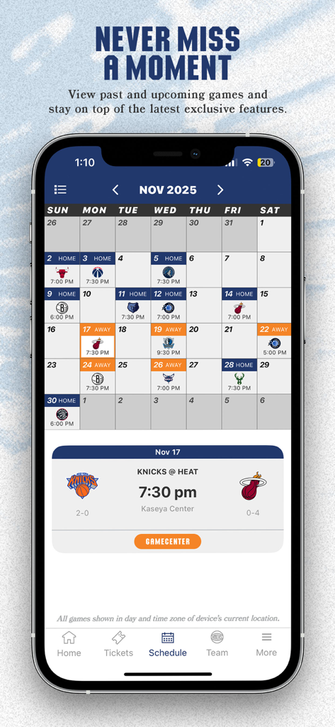 New York Knicks Official App - New York Knicks official app interface showing the interactive game schedule and November calendar