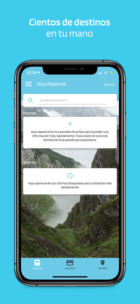 Pantalla de inicio de la app ALSA Regional con una barra de búsqueda de rutas de autobús y secciones para lugares favoritos y recientes.