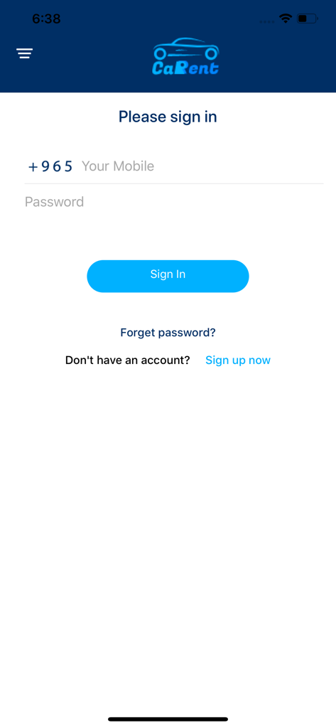 CarRent KW - Schermata di accesso dell'app mobile CarRent KW
