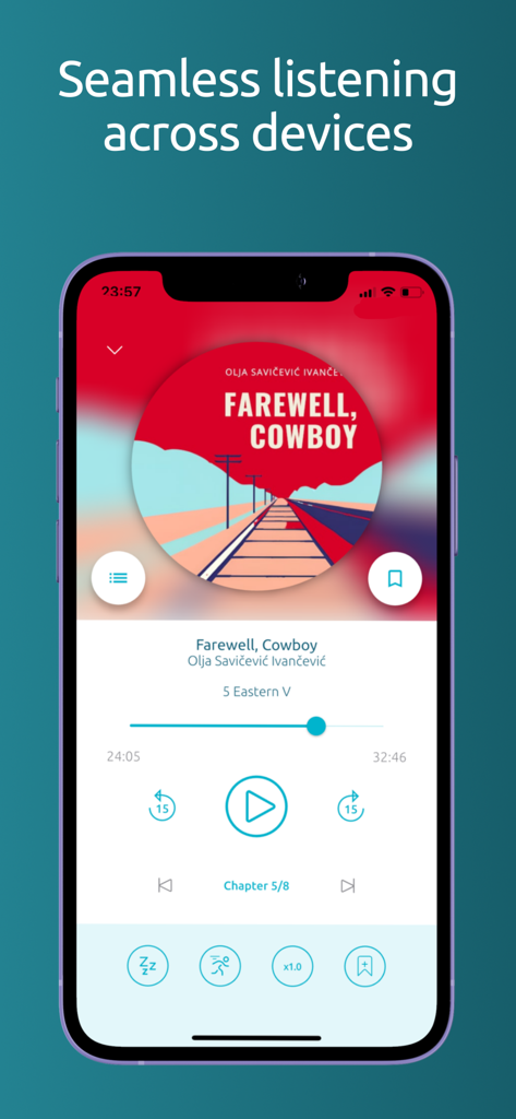 The book and zvook audiobook player interface on an iPhone showing playback controls and book cover art