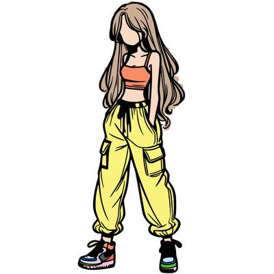 girl in baggy pants crop top and long hair