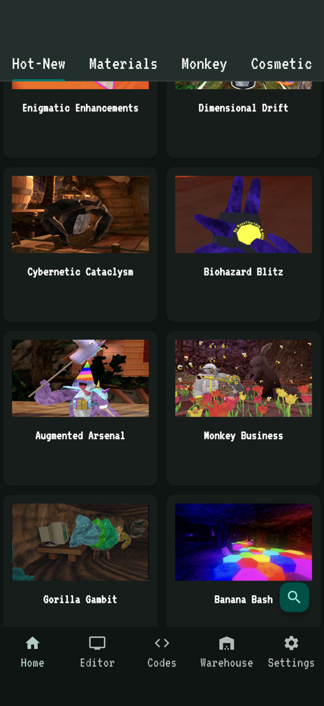 Mobile App-Oberfläche, die ein Raster verschiedener Mods für Gorilla Tag zeigt, einschließlich Skins und benutzerdefinierter Spielmodi.