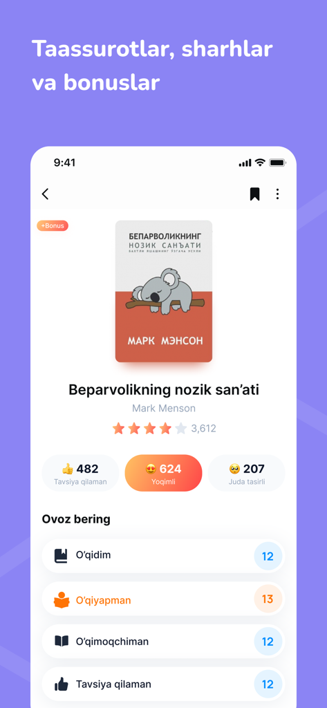 Asaxiy Books mobile app interface showing book details and reader reviews in Uzbek