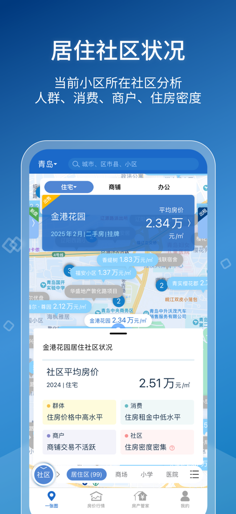 中国房价行情-房价租金实况 - Mobile app screenshot showing real estate market data and neighborhood analysis in China