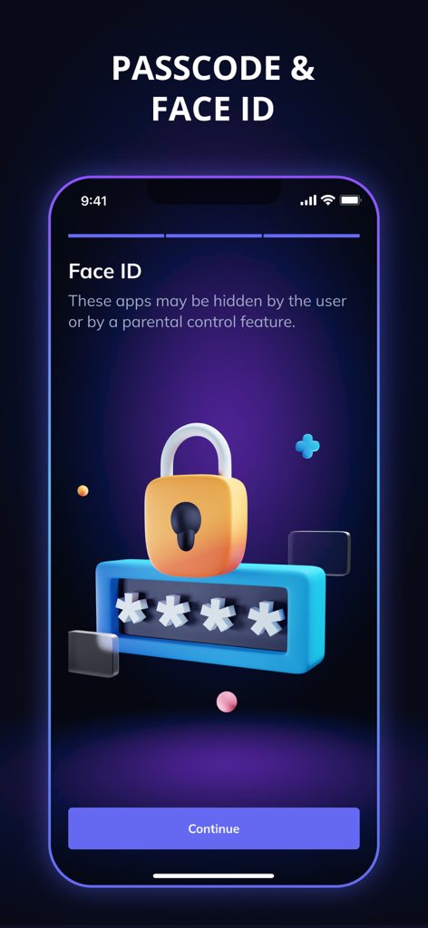 Uma captura de tela do aplicativo Shade destacando seu recurso de segurança de senha e Face ID com uma ilustração de cadeado 3D.