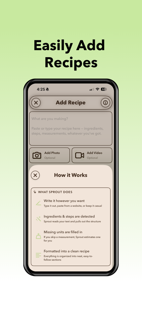 Sprout - Competitive Cooking - Sprout app interface showing features to easily add and organize recipes with AI detection