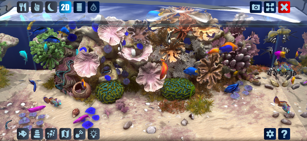 A vibrant 3D virtual aquarium featuring diverse tropical fish and coral decorations