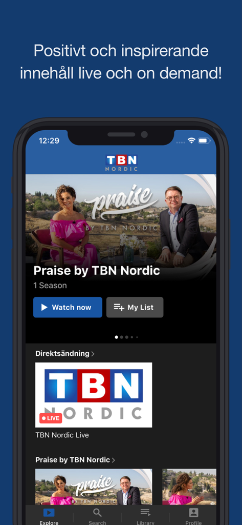 TBN Nordic Play - Interface de l'application TBN Nordic Play sur un appareil mobile montrant du contenu chrétien en direct et à la demande.