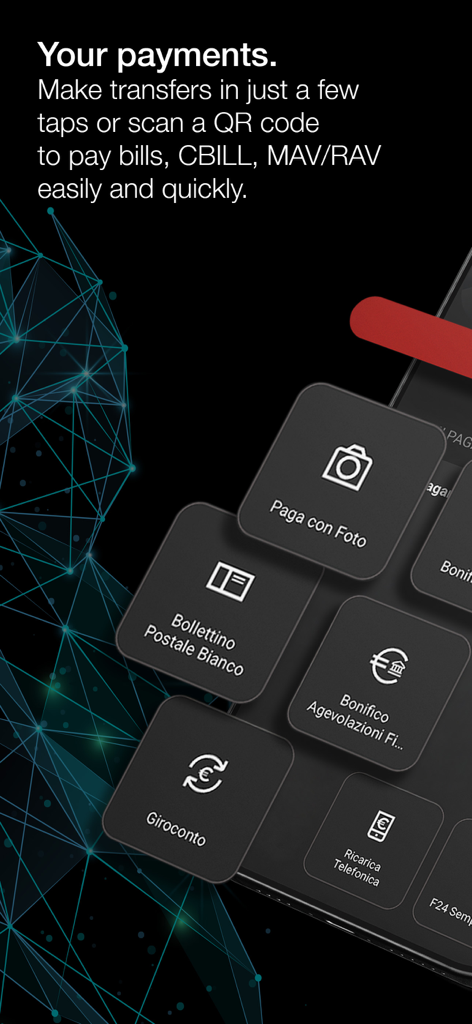 Banca Generali Private app payments interface showing options for photo payments and transfers
