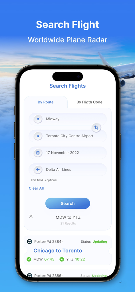 Una schermata dello smartphone che mostra l'interfaccia di ricerca voli per tratta nell'app Live Plane con origine Midway e destinazione Toronto.