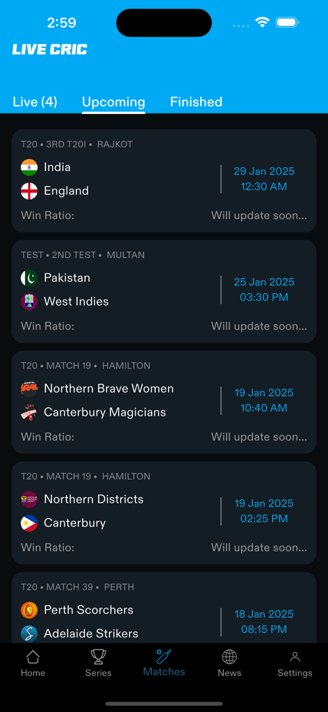 Lista de próximos partidos de cricket internacionales y T20 en la aplicación Live Cric