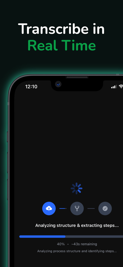 SOPmate: SOP Generator - Tela móvel mostrando o SOPmate transcrevendo e analisando a gravação de voz em tempo real