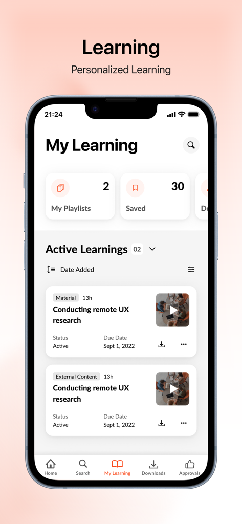 Dashboard dell'app mobile Cornerstone Galaxy che mostra corsi attivi e playlist