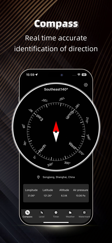 Interface de l'application Compass affichant les coordonnées de direction en temps réel, l'altitude et la pression atmosphérique