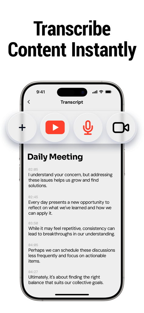 AI note taker app interface showing meeting transcription and icons for YouTube, microphone, and video recordings