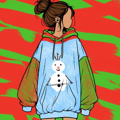 realistic girl with a oversized sweatshirt on and a bun