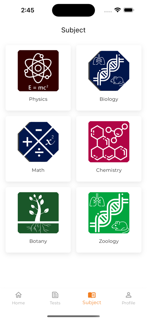 Online Vibrant - Subject selection screen in the Online Vibrant app showing categories for Physics Biology Math Chemistry Botany and Zoology for medical entrance preparation