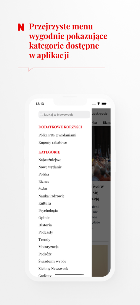 Newsweek Polska - Newsweek Polska app navigation menu showing article categories like Poland World and History