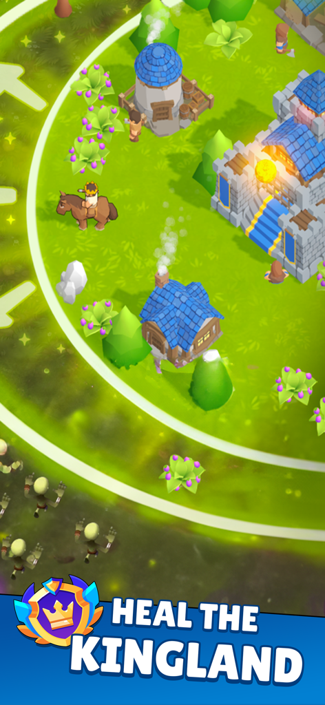 Kingland - Castle Adventure - 킹글랜드 성의 모험에서 좀비로부터 마법진으로 보호받는 중세 마을을 보여주는 게임 플레이 스크린샷