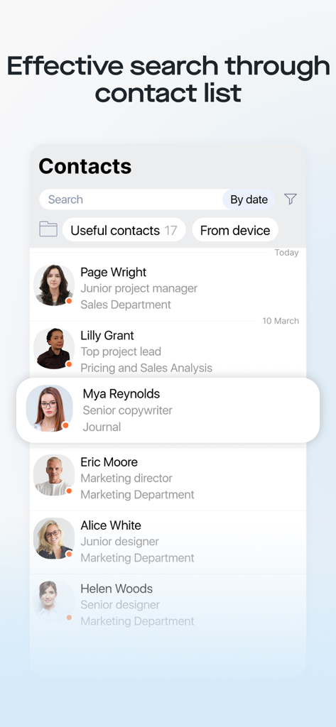 Saby Meet - Saby Meet contact list screen showing a professional directory with search and filter options.