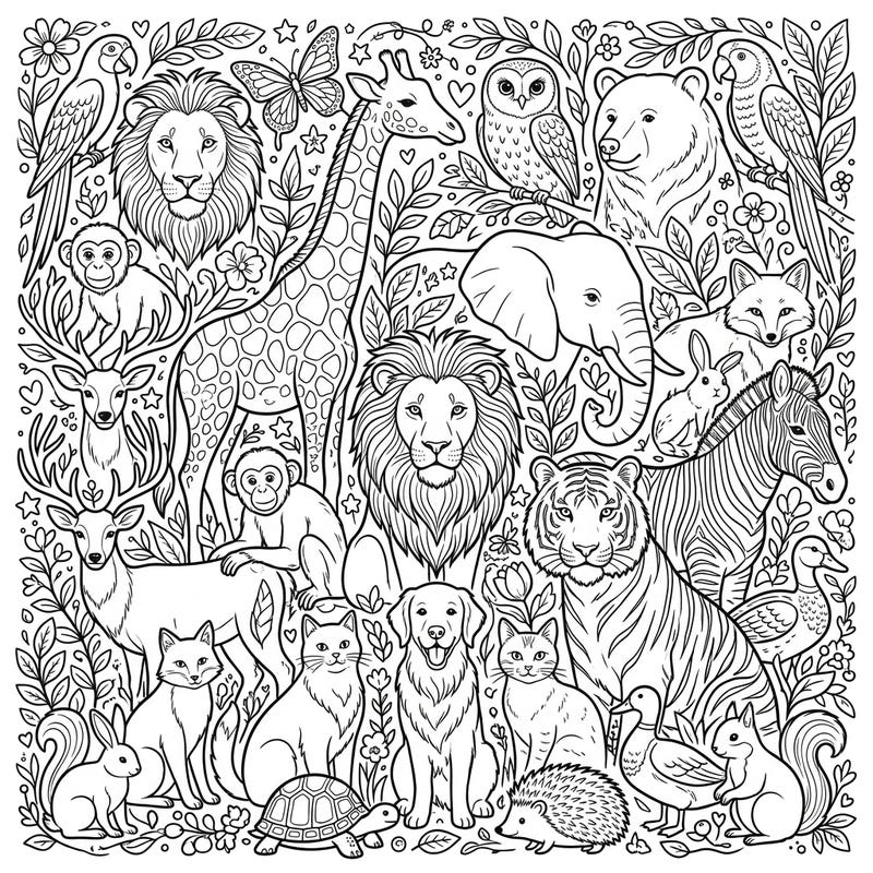 Unleash your creativity with this magnificent Animal Kingdom coloring page, boasting a rich tapestry of wild and domestic creatures. Discover lions, giraffes, elephants, and many more, all waiting for your unique splash of color.