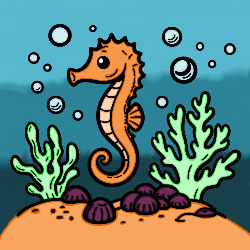 a seahorse near some coral with some bubbles