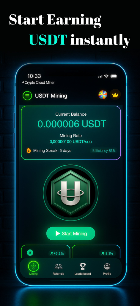 USDT Mining app dashboard showing simulated cryptocurrency balance and mining rate features