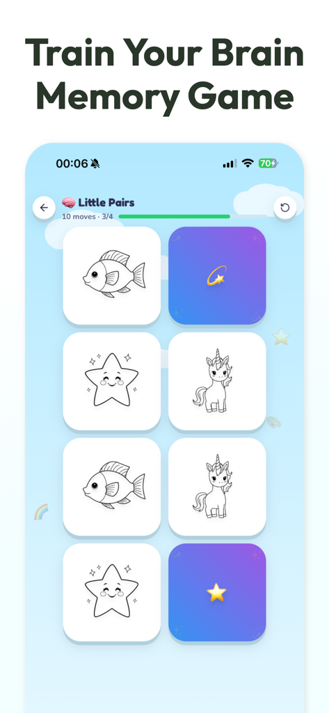 Coloring Games Draw Cute Pets - Bildschirm eines Memory-Matching-Spiels mit niedlichen Tiermotiven wie einem Fisch und einem Einhorn für Kinder.