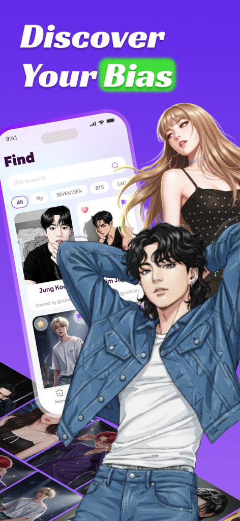 OppaYa: AI Virtual Idol Chat - Selection screen showing various AI virtual idols to find your bias in the OppaYa app