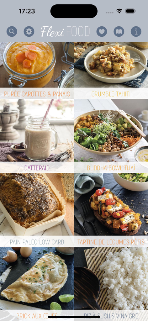 Flexi Food - Una colección de recetas saludables y gourmet mostradas en la interfaz móvil de la aplicación Flexi Food