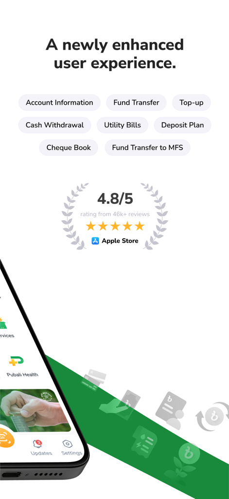 PI Banking app interface highlighting features like fund transfer and utility bills alongside its 4.8 star rating on the Apple Store