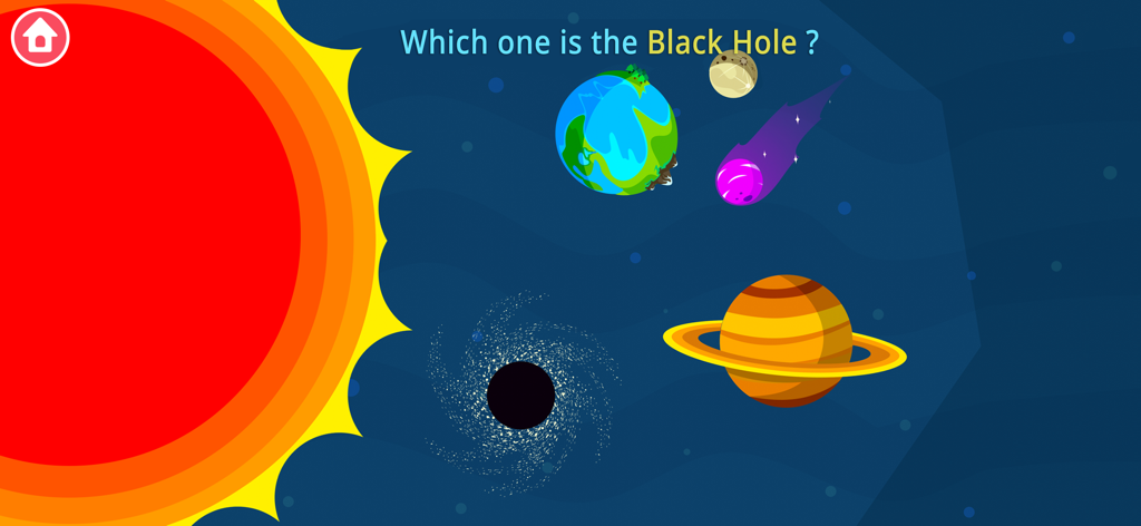 Schermata di un gioco educativo interattivo che chiede ai bambini di identificare un buco nero tra pianeti e stelle.