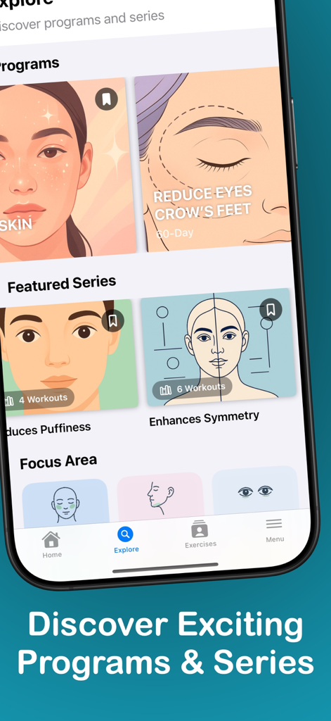 FaceZen - Face Yoga - A mobile app interface displaying various face yoga programs for reducing crow's feet, puffiness, and enhancing facial symmetry.