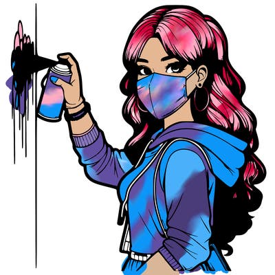 realistic girl with mask spray painting a wall