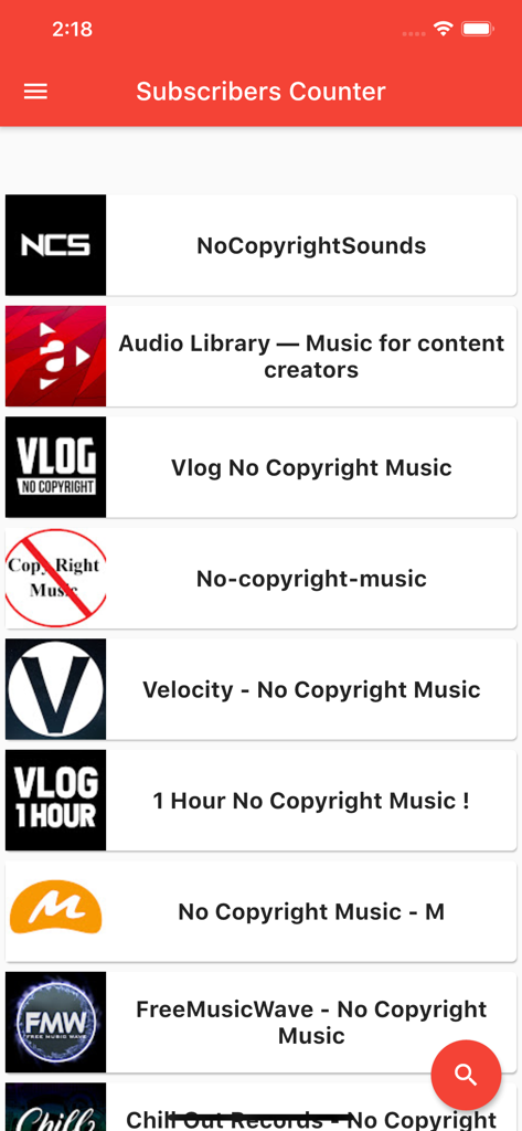 Subscribers Counter - 구독자 카운터 앱에 표시된 유튜브 채널 목록
