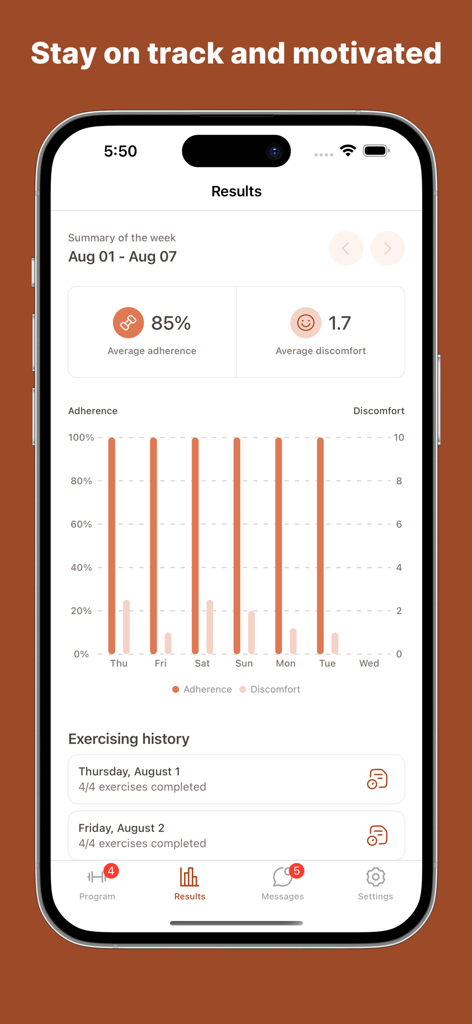Virtual Lucy - Un panel de resultados en la aplicación Virtual Lucy que muestra la adherencia semanal a los ejercicios y los niveles de incomodidad con un gráfico de progreso.