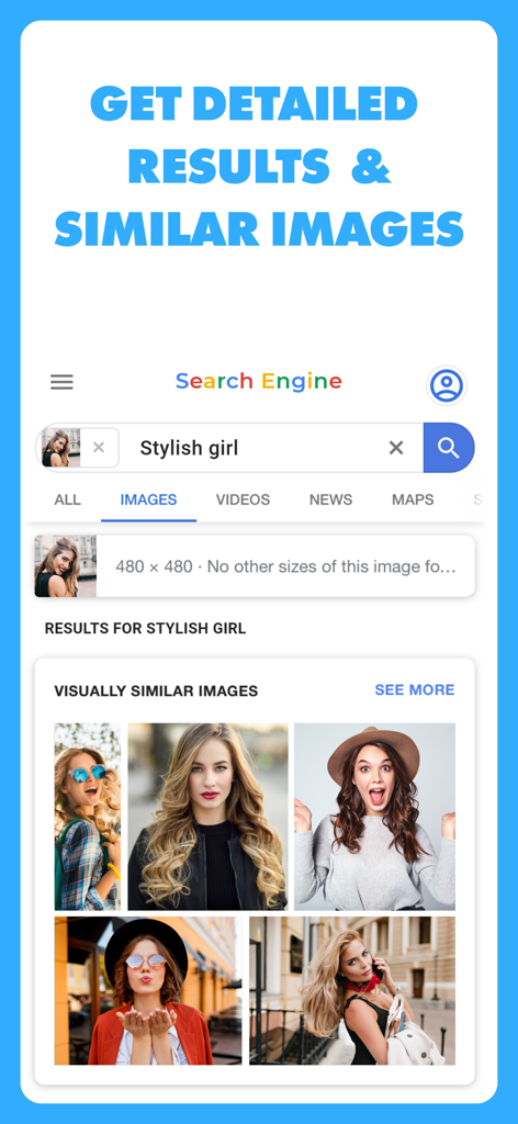 Reverse - Image Search - スタイリッシュな女の子の検索に対する視覚的に類似した結果を表示するリバースイメージ検索アプリのスクリーンショット
