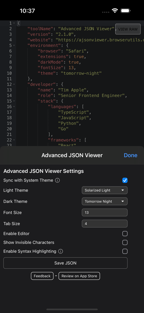 Advanced JSON Viewer - Advanced JSON Viewer settings menu on iPhone showing theme selection and font customization options