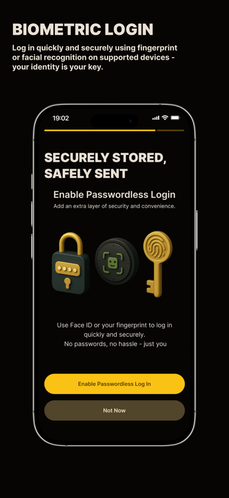 Pantalla de la aplicación GoldCore que muestra opciones de inicio de sesión biométrico y sin contraseña para un acceso seguro