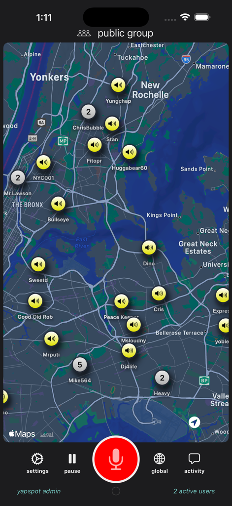 Interface of the YapSpot app showing a map of New York with active audio broadcasts from local users