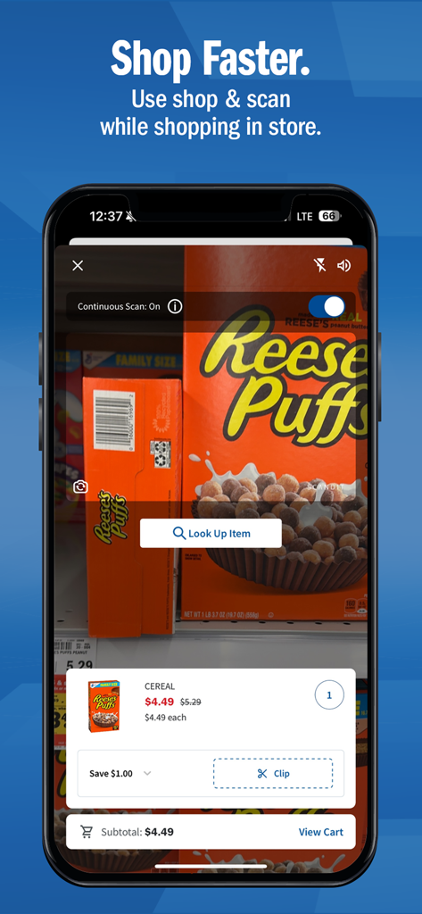 A smartphone screen using the Meijer app shop and scan feature to scan a box of cereal in a store